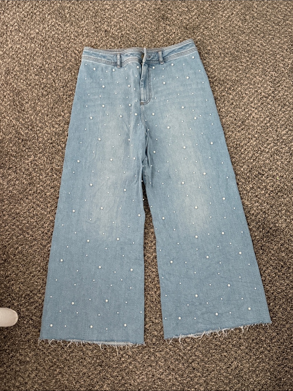 Light Blue Pearl-Embellished Wide Leg Jeans - Women